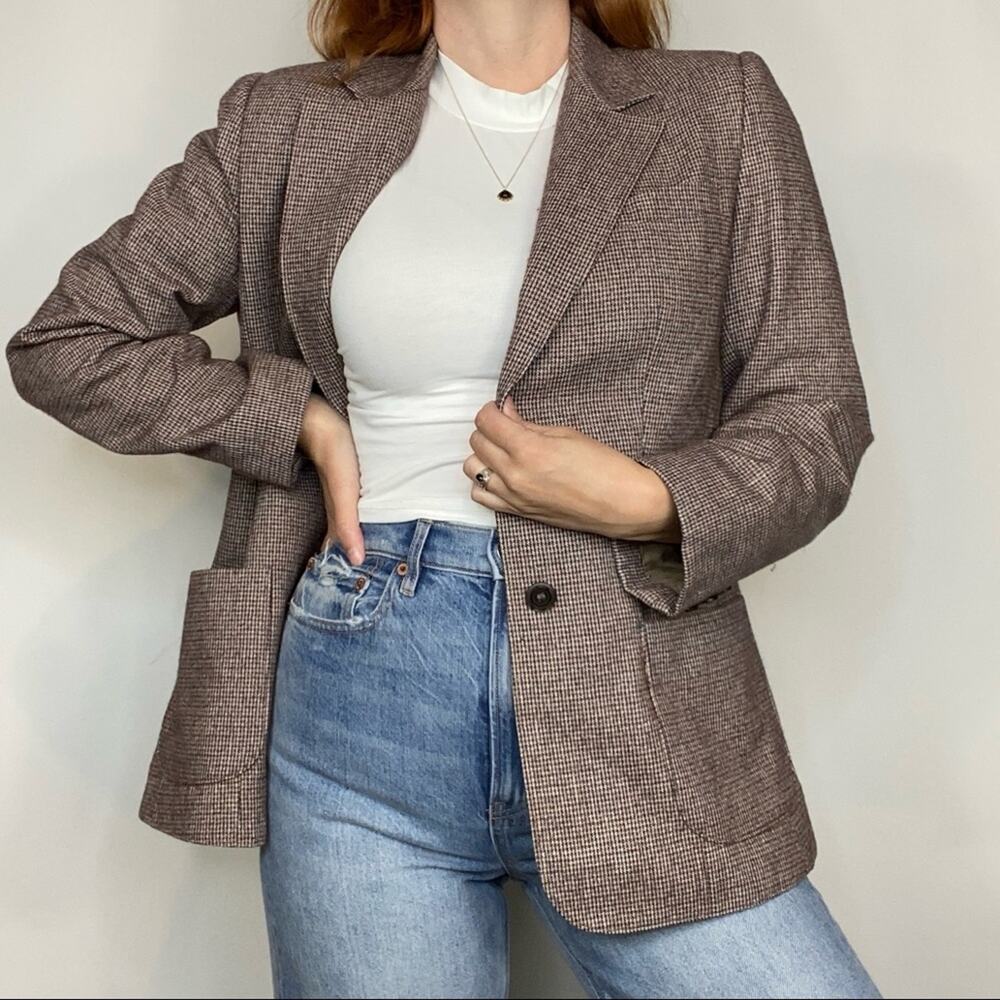 Vintage 80s Silk & Wool Neutral Tan Navy Burgundy Houndstooth Blazer Jacket